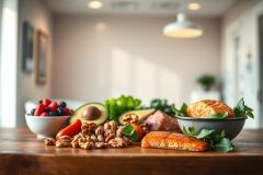 Healthy food arrangement on a wooden table. Includes salmon, avocado, berries, walnuts, and leafy greens. Focus on nutritious ingredients for a balanced diet. Bright, natural lighting in a modern kitchen setting. Keywords: healthy eating, superfoods, nutrition, wellness, salmon, avocado, berries, walnuts.