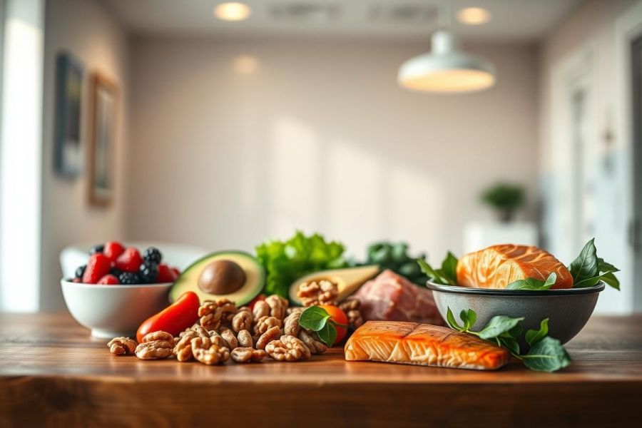 Healthy food arrangement on a wooden table. Includes salmon, avocado, berries, walnuts, and leafy greens. Focus on nutritious ingredients for a balanced diet. Bright, natural lighting in a modern kitchen setting. Keywords: healthy eating, superfoods, nutrition, wellness, salmon, avocado, berries, walnuts.
