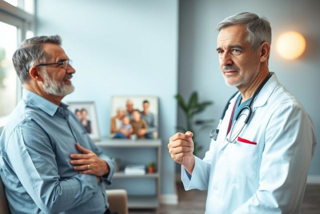 Doctor consulting with a senior patient in a modern living room. The image features a male doctor in a white coat and stethoscope speaking to an older man with glasses. Warm lighting and a blue-grey color palette create a comforting, healthcare-focused atmosphere. Family photograph visible in background.
