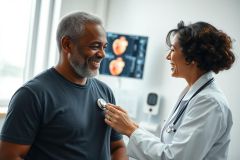 A smiling Black doctor examines a mature Black patient's heart with a stethoscope in a modern medical office. The scene features a bright, clean environment with medical imaging visible in the background, conveying a healthcare checkup or consultation.