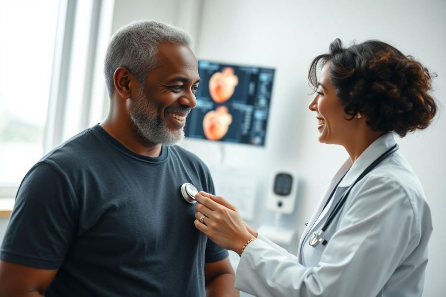 A smiling Black doctor examines a mature Black patient's heart with a stethoscope in a modern medical office. The scene features a bright, clean environment with medical imaging visible in the background, conveying a healthcare checkup or consultation.