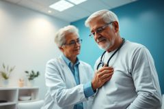 Senior doctor examining an elderly patient in a modern medical office. The scene features a friendly doctor in a white coat with a stethoscope, checking the patient’s heart. Blue walls and bright lighting create a professional healthcare setting. Focus on senior care, medical checkup, and patient-doctor relationship.