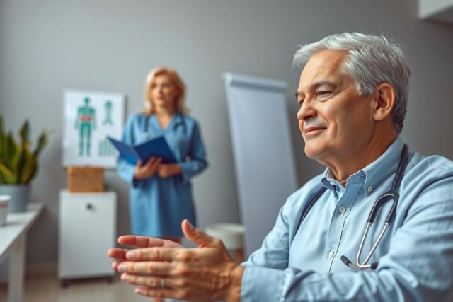 The image depicts a professional setting, likely a doctor's office, where a male doctor is seated and gesturing with his hands while facing a female nurse.