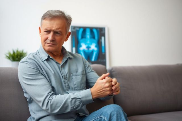 The image shows a man seated on a couch in a living room setting. The man is wearing a light gray shirt and jeans. He has his arm resting against the side of his body, possibly indicating discomfort or pain.