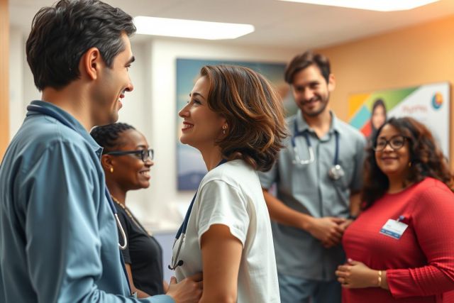 In a hospital setting, two individuals are engaged in conversation. They appear to be sharing a moment of happiness and connection amidst the medical environment.