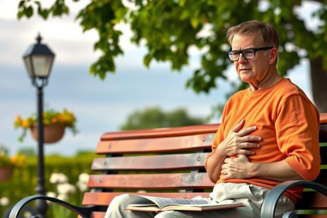 An older man in an orange shirt is sitting on a bench outdoors. He has his hand on his chest, possibly indicating that he's checking his heartbeat or breathing. There are potted plants and a street lamp nearby, suggesting this scene takes place in a public park or plaza.