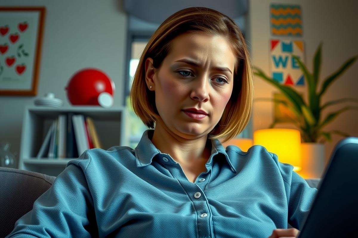 The image depicts a woman sitting on a couch indoors, deeply engrossed in looking at her smartphone. She is dressed casually and appears to be focused on the content on her screen, possibly working or browsing the internet. 
