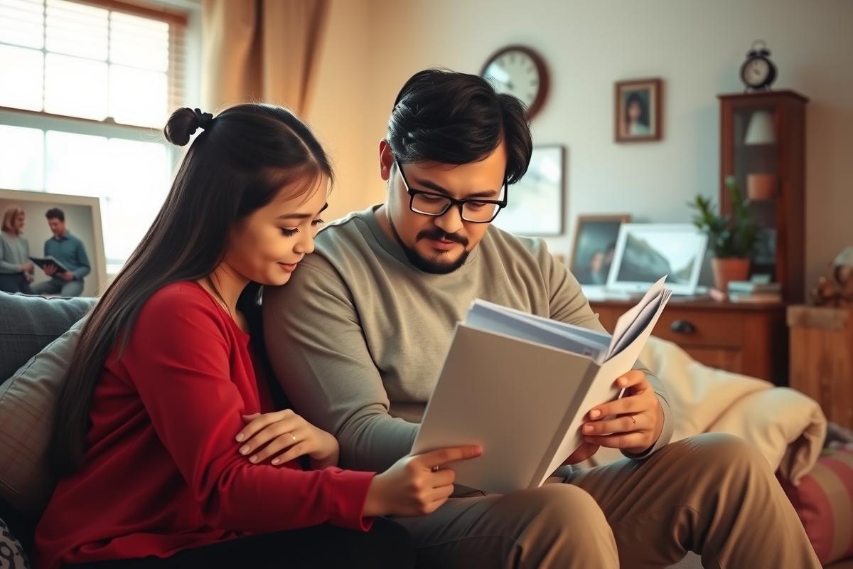 The image shows a man and woman sharing a moment together in a domestic setting. The man is sitting down, reading a book or document, while the woman stands next to him, watching attentively. 