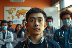 In a classroom or lecture hall setting, a young man with an intense gaze is seated at the front of the room. He is wearing a surgical mask and seems to be speaking or teaching to a group of people, possibly medical students. 