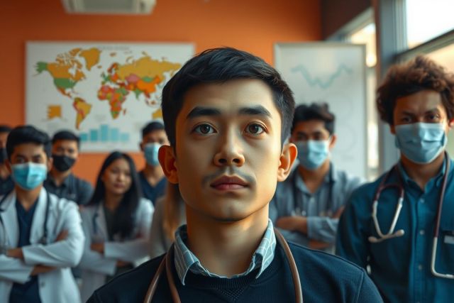 In a classroom or lecture hall setting, a young man with an intense gaze is seated at the front of the room. He is wearing a surgical mask and seems to be speaking or teaching to a group of people, possibly medical students. 