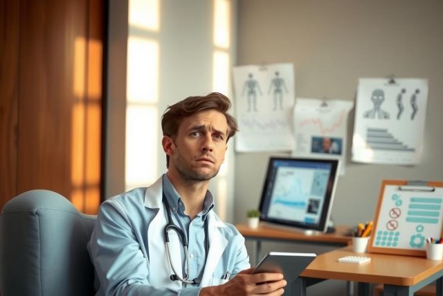 In the image, a male physician is seated in an office environment. He is dressed in professional attire including a white lab coat and blue scrubs. 