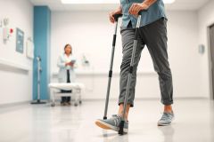 Man with crutches walking in a bright, modern healthcare clinic. The scene features a doctor in the background reviewing notes, suggesting a medical or rehabilitation setting. Predominant colors are blue and gray, with a clean, clinical aesthetic. Focus on mobility, recovery, and medical care.