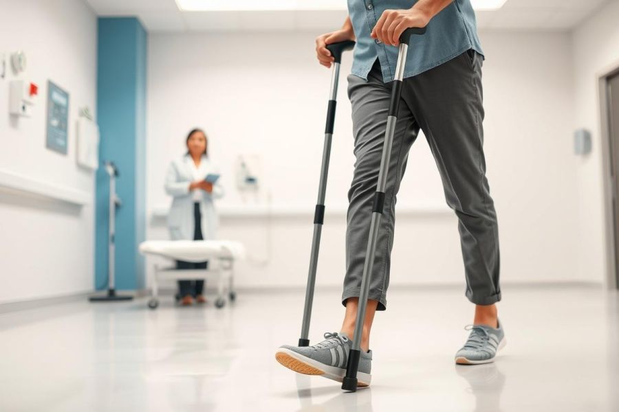 Man with crutches walking in a bright, modern healthcare clinic. The scene features a doctor in the background reviewing notes, suggesting a medical or rehabilitation setting. Predominant colors are blue and gray, with a clean, clinical aesthetic. Focus on mobility, recovery, and medical care.