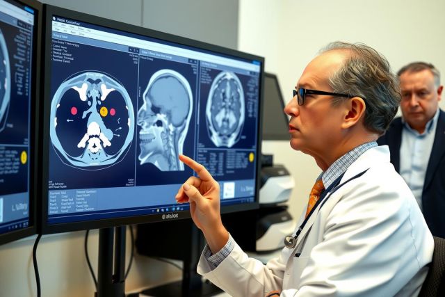 The image shows a medical professional, presumably a radiologist or physician, in an office setting. He is wearing glasses and pointing at images on computer monitors that display various medical scans such as X-rays or MRI results. The focus of the image is on the patient's head, highlighting key areas of interest for diagnostic purposes.