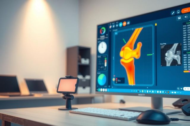 Medical scan displaying a knee joint in vibrant colors on a monitor. Close-up view of a computer workstation with a keyboard and mouse, likely in a hospital or clinic setting.