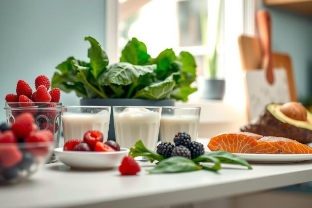 Fresh fruit, including strawberries, raspberries, and blackberries, are displayed on a white table alongside three glasses of milk and sliced salmon, with a leafy green plant in the background.