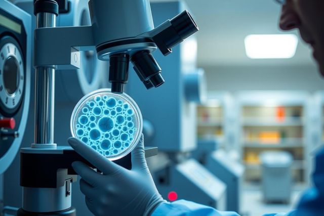 Scientist examining a petri dish with bacterial colonies in a lab. Close-up view showcasing research, microbiology, and scientific analysis in a sterile environment. Blue and white tones dominate the scene.