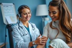 Doctor examines patient's arm during checkup. Healthcare professional in white coat and stethoscope. Medical examination in a brightly lit office setting. Patient seated, showing concern. Focus on health and wellness.