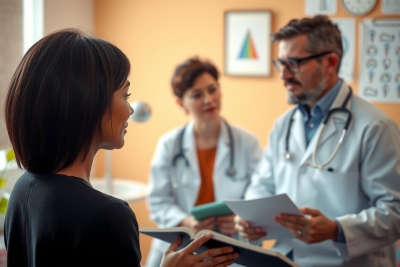 A woman seated at a desk is holding papers and talking with two doctors who are standing beside each other. One doctor, male, has his hands in his pockets while the other, female, is holding the same papers as the woman. They appear to be engaged in a conversation, likely medical in nature given their attire and setting.
