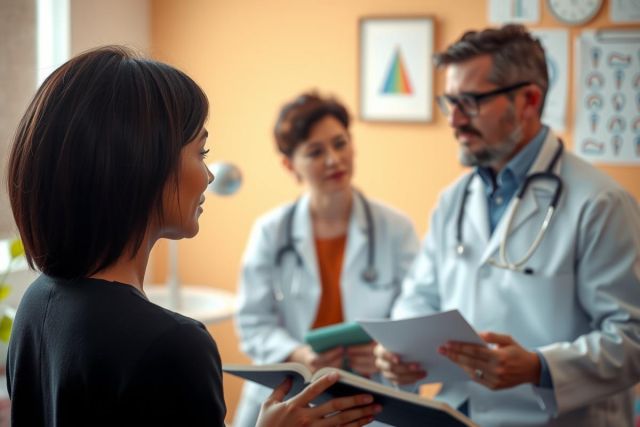 A woman seated at a desk is holding papers and talking with two doctors who are standing beside each other. One doctor, male, has his hands in his pockets while the other, female, is holding the same papers as the woman. They appear to be engaged in a conversation, likely medical in nature given their attire and setting.