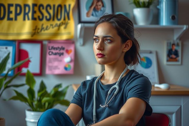 The image features a young adult woman wearing a medical scrub, seated on the left side. She has her legs crossed and is looking slightly downward with a neutral expression. The background shows an office setting with various items including a desk with papers, a plant on top of it, and framed pictures hanging on the wall. The overall color scheme includes shades of blue, green, yellow, and pink.