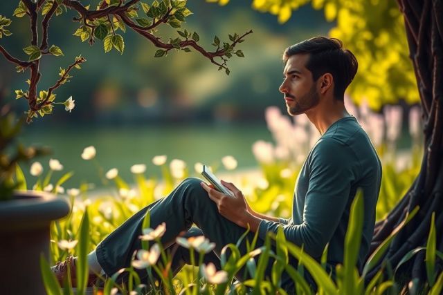 In the image, a young man is seated on the grass in a serene park setting. He is engrossed in reading a book, as indicated by his focused expression and the position of the book in his hands. The environment is lush with trees providing a natural canopy overhead. 