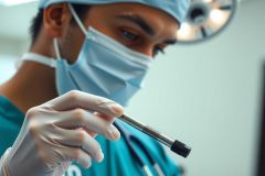 Doctor in surgical scrubs and mask holds a swab. Close-up of medical professional in operating room setting. Blue and white colors dominate the scene, conveying a clinical environment.