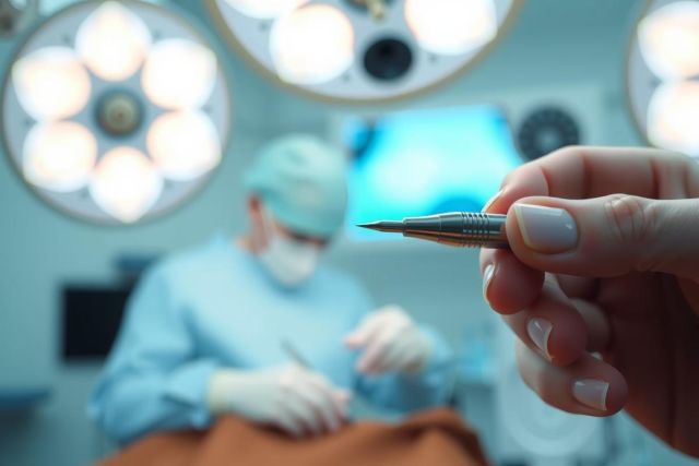 Surgical instruments in a sterile operating room. A medical professional holds a scalpel, with blurred background showing surgical procedure. Focus on precision and healthcare environment.