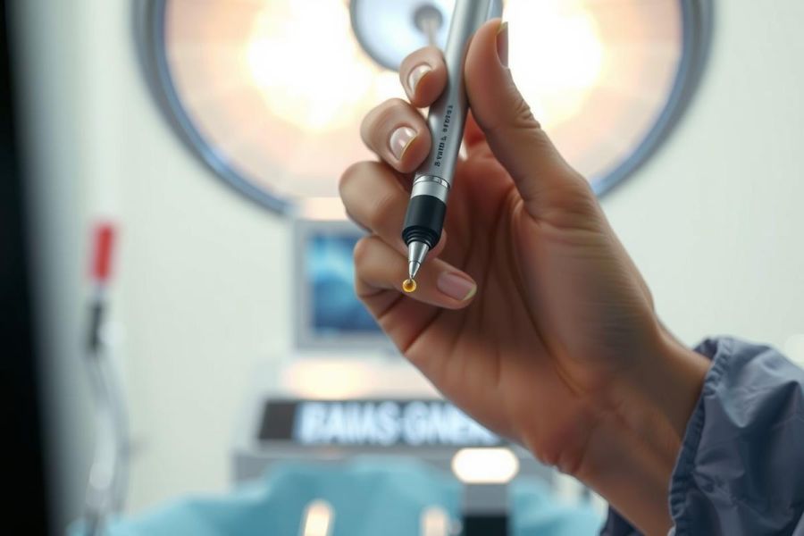 Close-up of a hand holding a pen. Focus is on the pen, with blurred background. A modern and professional image.
