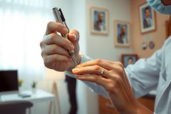 Doctor holding a pen, examining documents. Professional healthcare setting with a desk, computer, and office environment. Focus on medical work and paperwork.