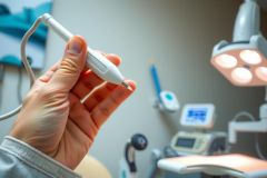 Dental handpiece held in a gloved hand, close-up. A modern dental clinic setting with equipment visible in the background. Focus on precision and dental care.