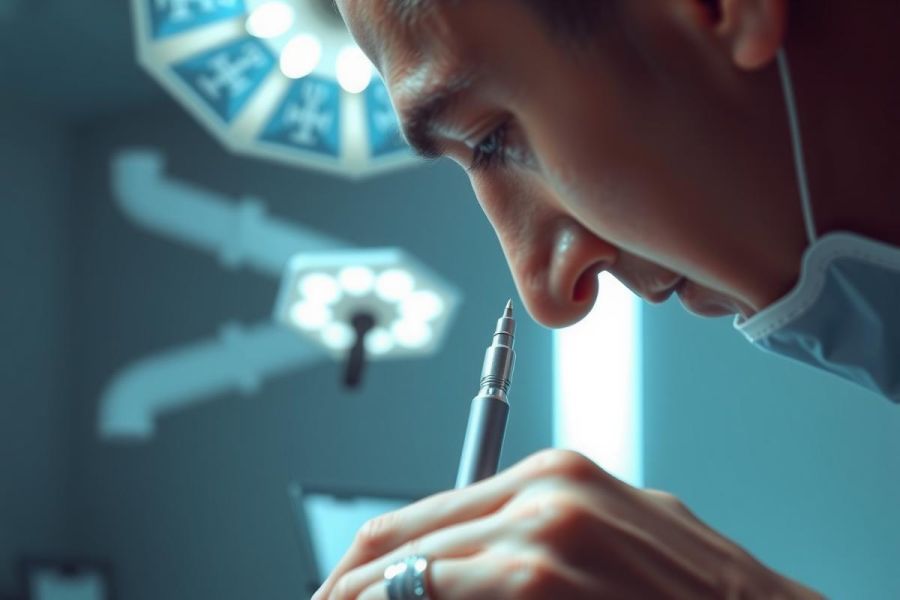 Close-up of a surgeon performing a delicate procedure under bright operating room lights. Focus on precision instruments and sterile environment, highlighting medical expertise and advanced healthcare.