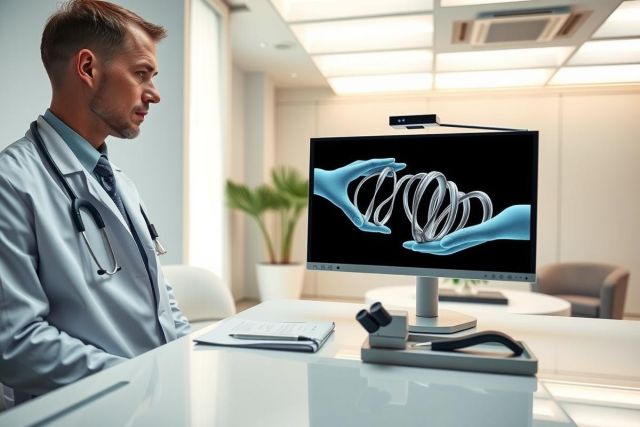 Doctor examining DNA sequence on a computer screen in a modern office setting. Focus on genetics research, healthcare technology, and medical science.