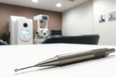 Dental endodontic file on a white table in a medical office. Close-up view of the tool used in root canal therapy. Focus on precision instruments and dental procedures.