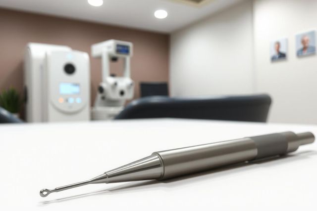 Dental endodontic file on a white table in a medical office. Close-up view of the tool used in root canal therapy. Focus on precision instruments and dental procedures.