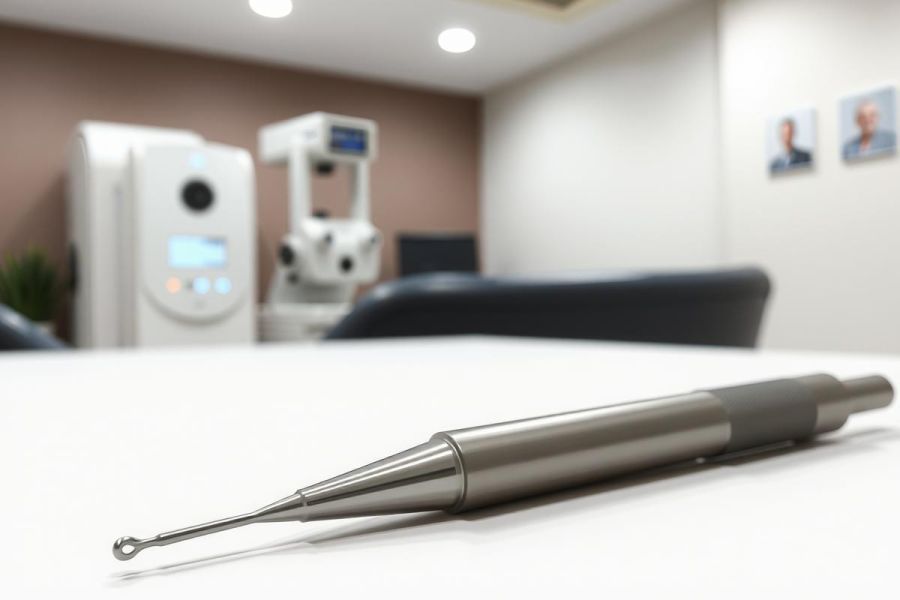 Dental endodontic file on a white table in a medical office. Close-up view of the tool used in root canal therapy. Focus on precision instruments and dental procedures.