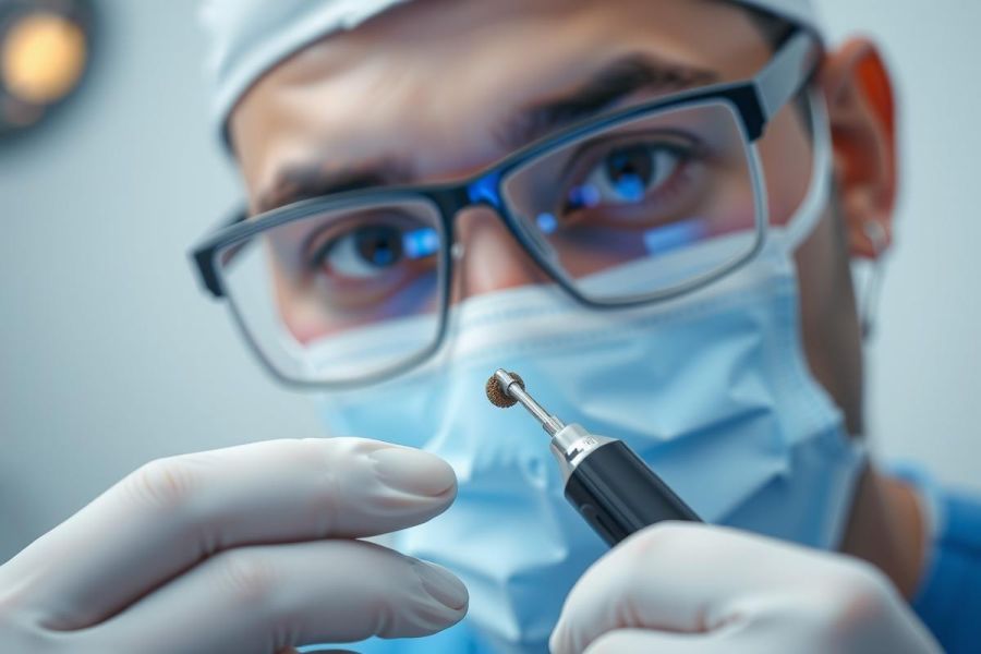 Dentist in mask and glasses using a dental tool during a procedure. Close-up view of hands and equipment in a medical setting, focused on precision and care.