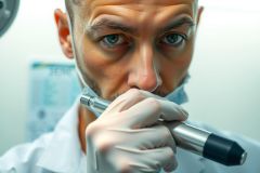 Close-up of a dentist holding a dental tool, wearing gloves and a mask. Focus on medical professional in a clinical setting, showcasing precision and care.