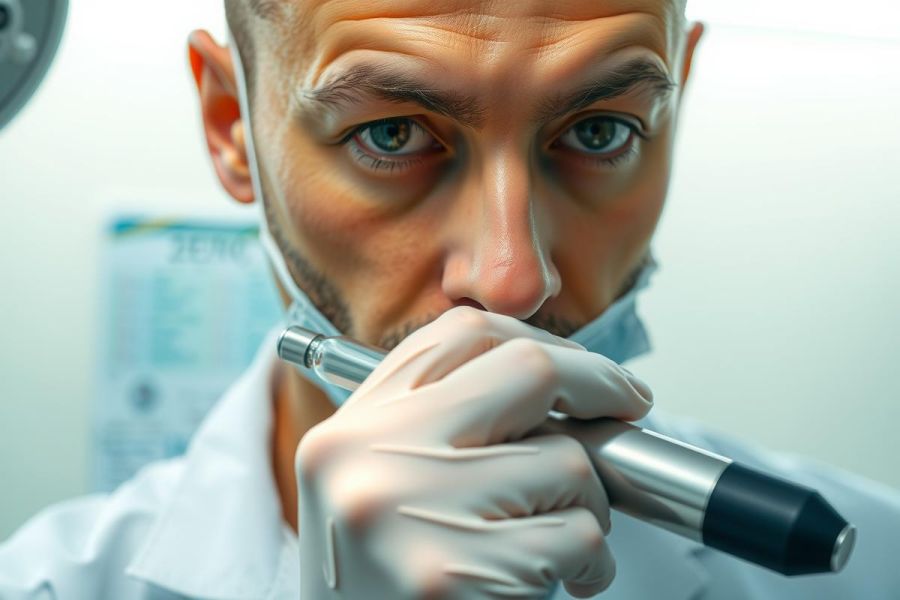 Close-up of a dentist holding a dental tool, wearing gloves and a mask. Focus on medical professional in a clinical setting, showcasing precision and care.