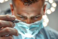 Close-up of a dentist performing a procedure, wearing a surgical mask and holding dental tools. Focus is on the hand and tools, with a blurred dental environment in the background. Medical, healthcare, and dental theme.