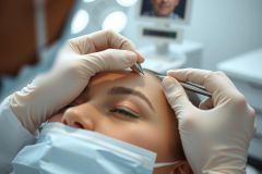 Close-up of a cosmetic procedure, likely Botox or fillers, being administered. A medical professional in gloves and mask uses a needle on a patient's forehead. Focus on skincare and beauty treatment.