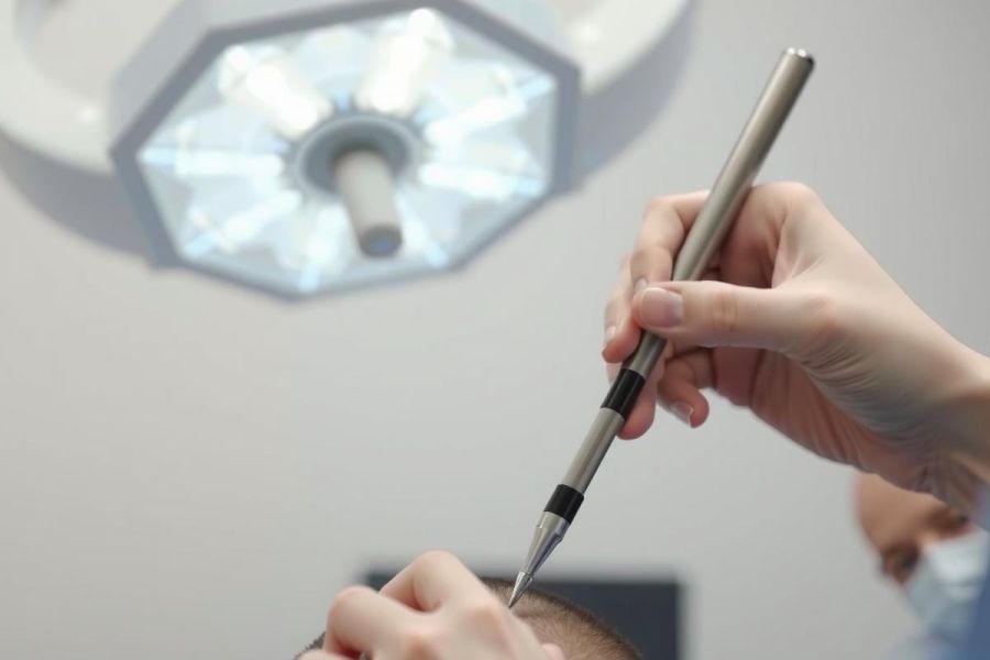 Close-up of a doctor examining a patient's eye with an otoscope. Healthcare setting, bright lighting, medical examination, eye care, diagnostic tool.