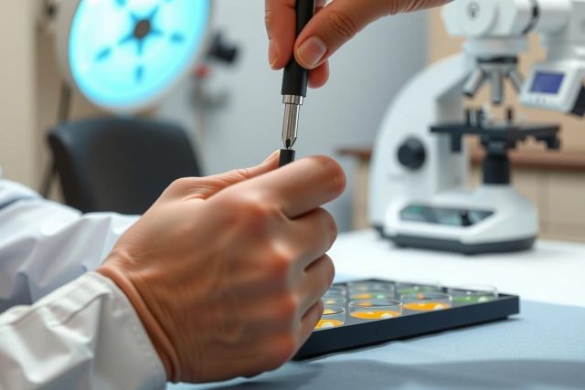 Close-up of a hand holding a pipette over a lab tray, likely dispensing liquids. A microscope is visible in the background, suggesting a laboratory setting. The scene features a sterile, professional environment with bright lighting.