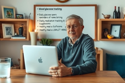 The image shows a middle-aged man sitting at a table with an open laptop. He appears to be working, possibly in his home office or living room. The environment is modern and well-lit, featuring wooden shelves that hold various personal items such as books and decorative objects.
