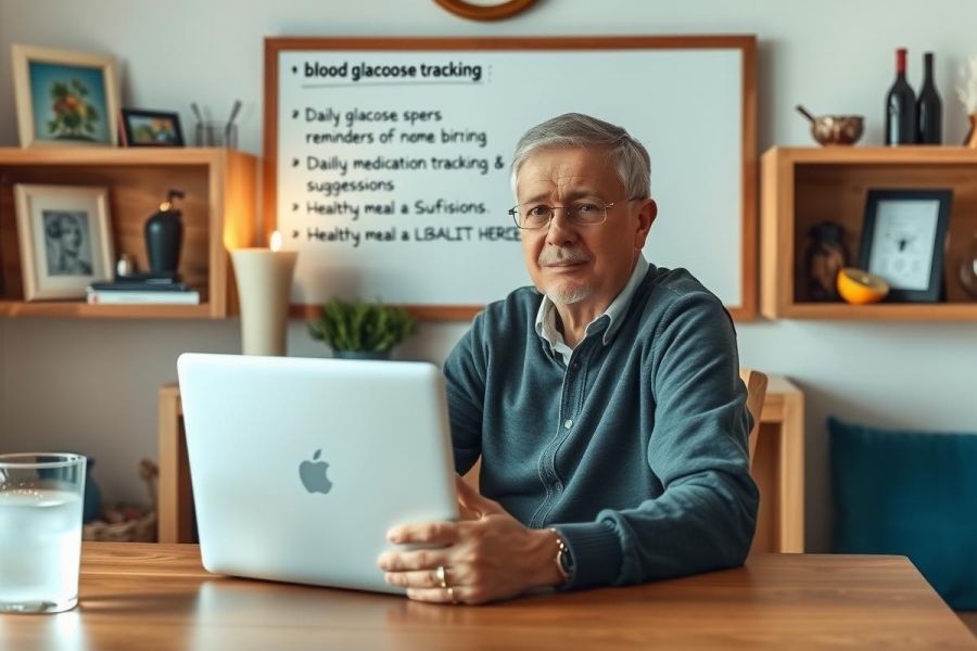 The image shows a middle-aged man sitting at a table with an open laptop. He appears to be working, possibly in his home office or living room. The environment is modern and well-lit, featuring wooden shelves that hold various personal items such as books and decorative objects.