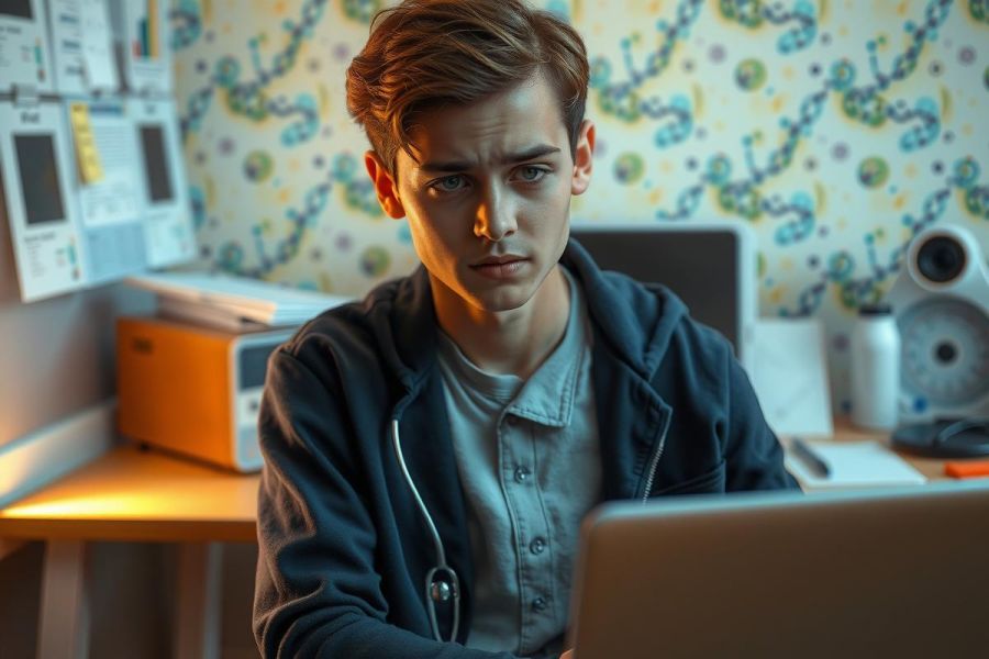A young man is seated at a desk in an office setting. He appears to be engrossed in his work on a laptop, possibly reviewing documents or typing.