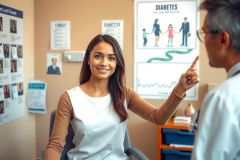 A woman is sitting in a medical office with a doctor. The environment includes medical posters on the wall behind them, indicating healthcare content.