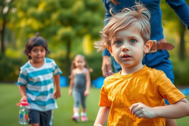 This image shows a joyful outdoor scene of children playing. In the foreground are three children; two are running, and one is smiling at the camera.