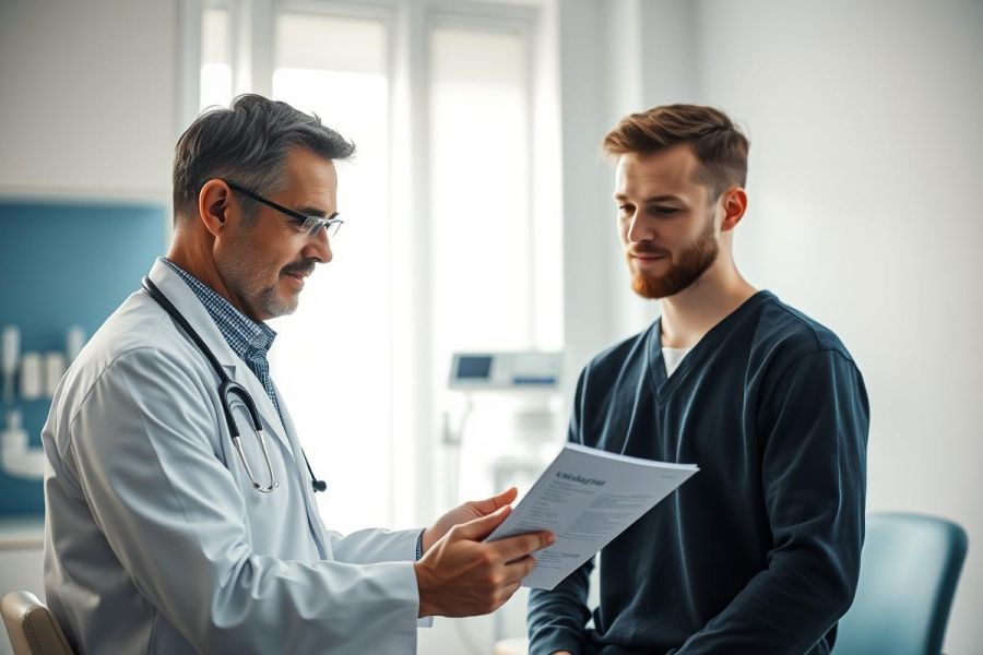 Doctor examining a patient in a medical office. A male doctor in a white coat and glasses reviews paperwork with a young man. The scene features a clean, modern interior with neutral colors and a focus on healthcare consultation and patient care. Keywords: doctor, patient, healthcare, medical, consultation, office.