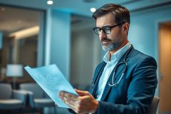 Focused male doctor in glasses reviewing medical paperwork in a modern hospital setting. He wears a suit and stethoscope, with cool blue lighting creating a professional atmosphere. Healthcare, medicine, and patient care themes are evident.